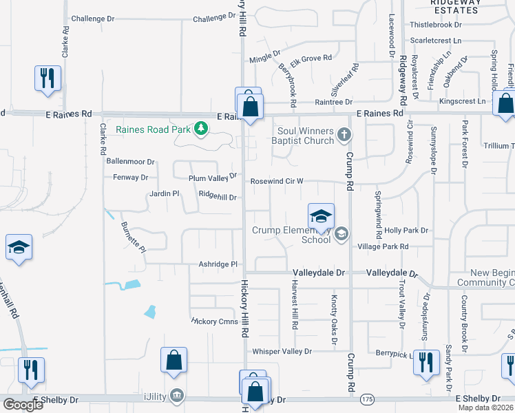 map of restaurants, bars, coffee shops, grocery stores, and more near 4359 Cloudburst Road in Memphis