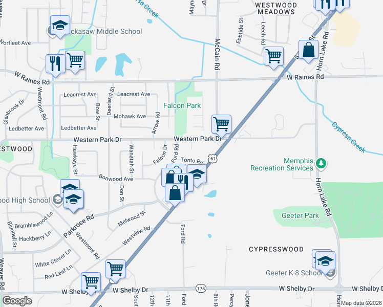 map of restaurants, bars, coffee shops, grocery stores, and more near 507 Tonto Drive in Memphis