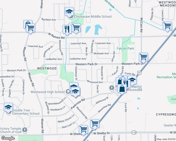 map of restaurants, bars, coffee shops, grocery stores, and more near 4363 Bow Street in Memphis