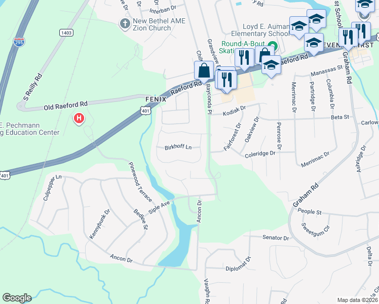 map of restaurants, bars, coffee shops, grocery stores, and more near 2076 Broadman Avenue in Fayetteville