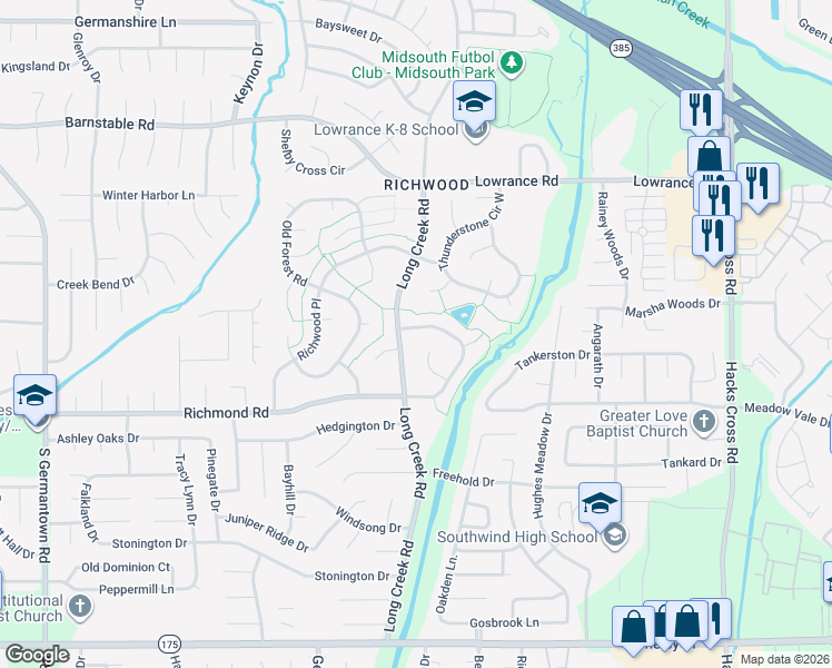 map of restaurants, bars, coffee shops, grocery stores, and more near 4364 Long Creek Road in Memphis