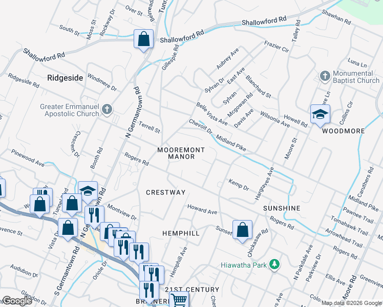 map of restaurants, bars, coffee shops, grocery stores, and more near 602 Mooremont Terrace in Chattanooga