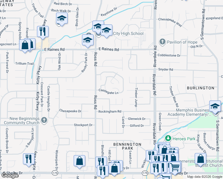 map of restaurants, bars, coffee shops, grocery stores, and more near 6758 Valley Bend Drive in Memphis