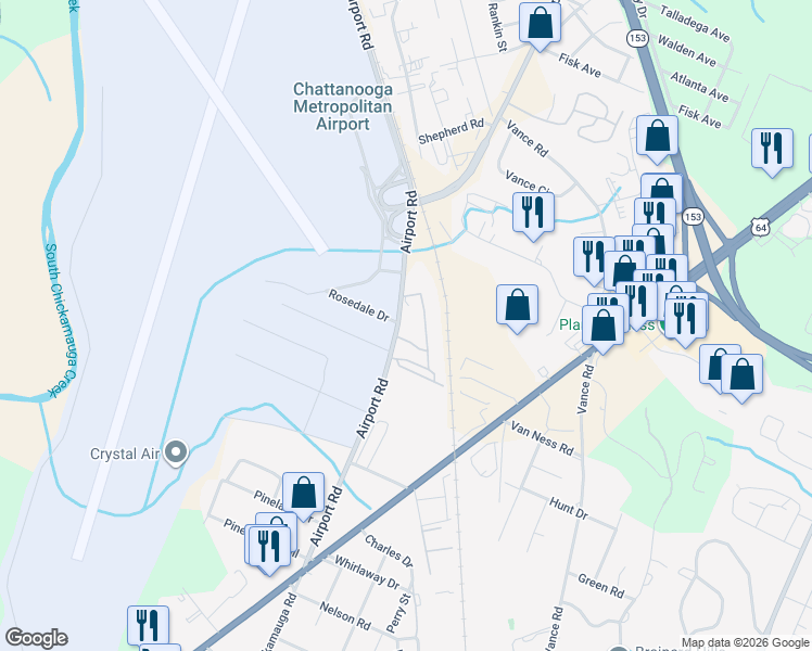 map of restaurants, bars, coffee shops, grocery stores, and more near 916 Airport Road in Chattanooga
