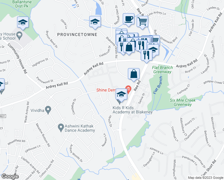 map of restaurants, bars, coffee shops, grocery stores, and more near 10248 Blakeney Preserve Drive in Charlotte