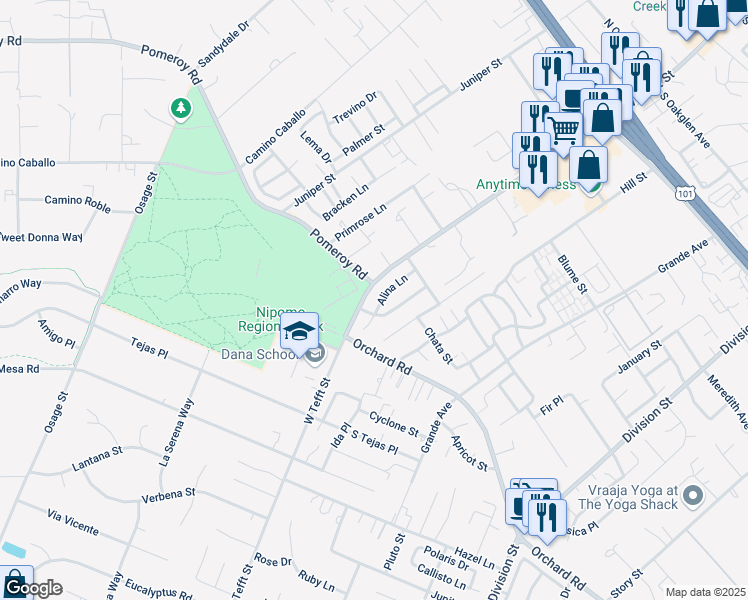 map of restaurants, bars, coffee shops, grocery stores, and more near 879 Alina Lane in Nipomo