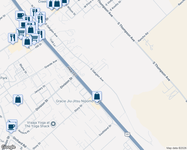 map of restaurants, bars, coffee shops, grocery stores, and more near 544 South Oakglen Avenue in Nipomo