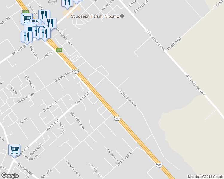 map of restaurants, bars, coffee shops, grocery stores, and more near 544 South Oakglen Avenue in Nipomo