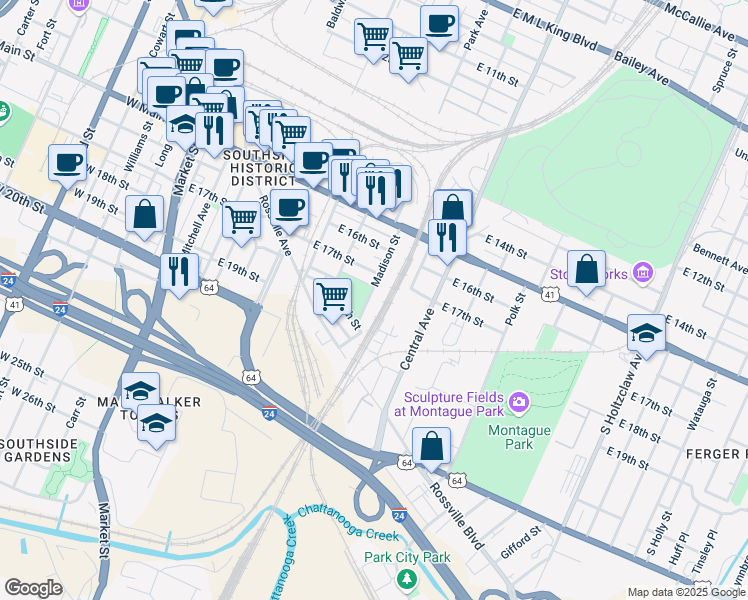 map of restaurants, bars, coffee shops, grocery stores, and more near 1802 Madison Street in Chattanooga