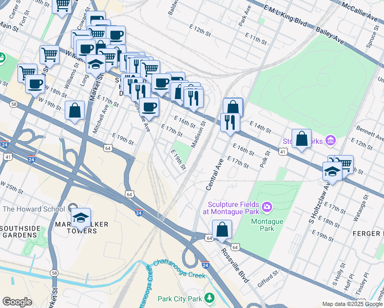 map of restaurants, bars, coffee shops, grocery stores, and more near 1802 Madison Street in Chattanooga