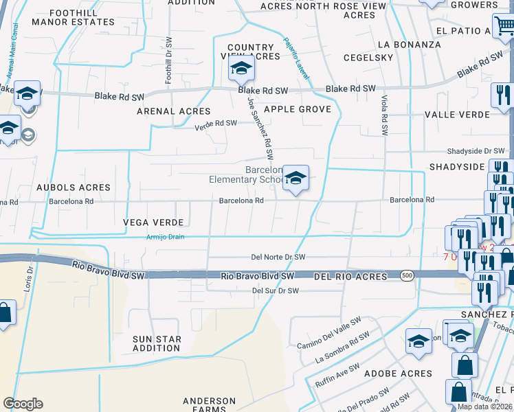 map of restaurants, bars, coffee shops, grocery stores, and more near 3023 Joe Sanchez Road Southwest in Albuquerque