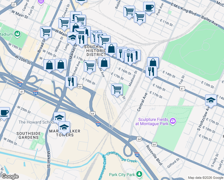 map of restaurants, bars, coffee shops, grocery stores, and more near 564 East 18th Street in Chattanooga