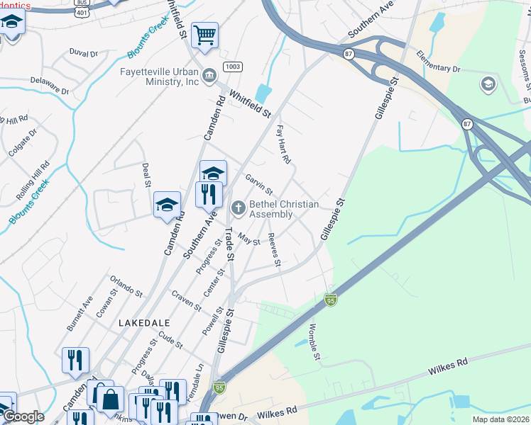 map of restaurants, bars, coffee shops, grocery stores, and more near 321 Garvin Street in Fayetteville