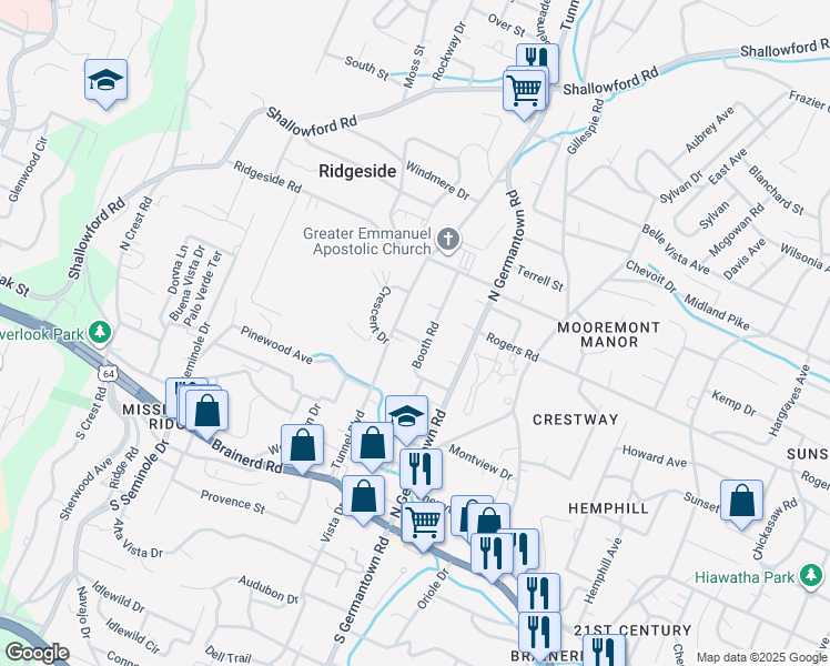 map of restaurants, bars, coffee shops, grocery stores, and more near 3515 Ridgevale Avenue in Chattanooga