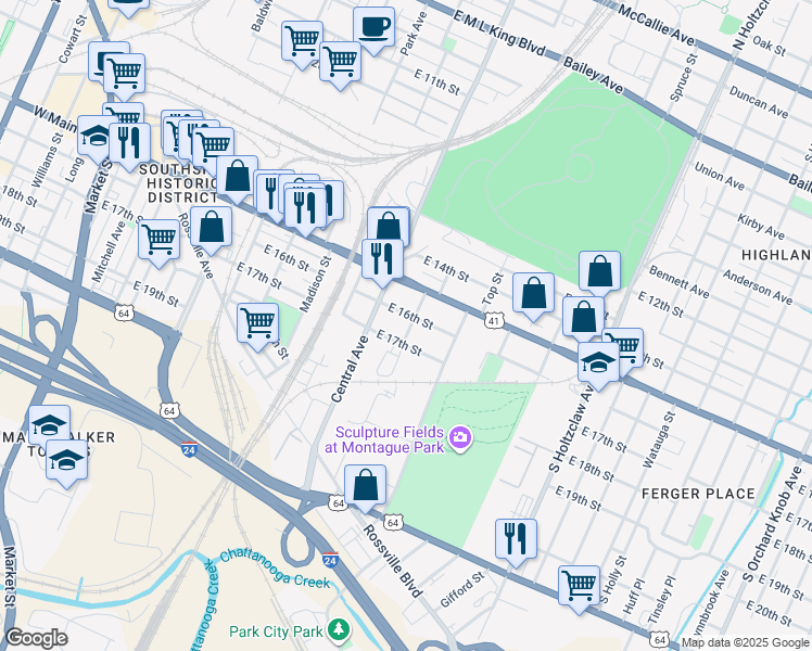 map of restaurants, bars, coffee shops, grocery stores, and more near 905 East 16th Street in Chattanooga