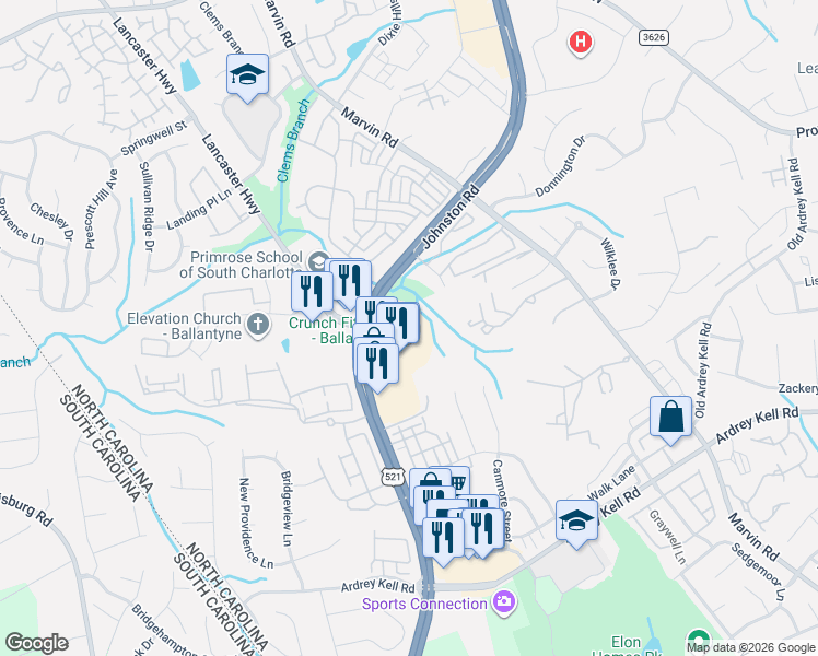 map of restaurants, bars, coffee shops, grocery stores, and more near 16041 Johnston Road in Charlotte