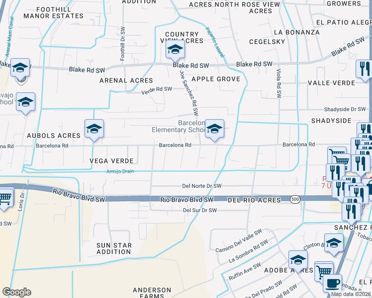 map of restaurants, bars, coffee shops, grocery stores, and more near 3023 Joe Sanchez Road Southwest in Albuquerque