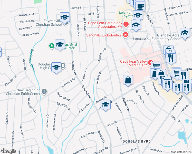 map of restaurants, bars, coffee shops, grocery stores, and more near 1132 Wellons Drive in Fayetteville