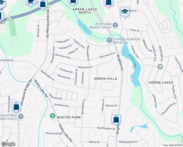 map of restaurants, bars, coffee shops, grocery stores, and more near 1507 Berriedale Drive in Fayetteville