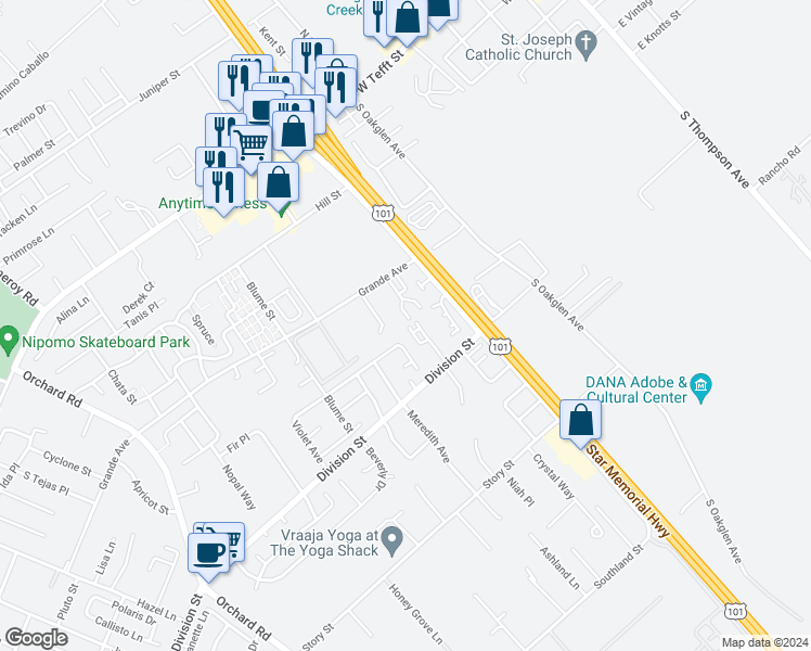map of restaurants, bars, coffee shops, grocery stores, and more near 374 Avenida De Amigos in Nipomo