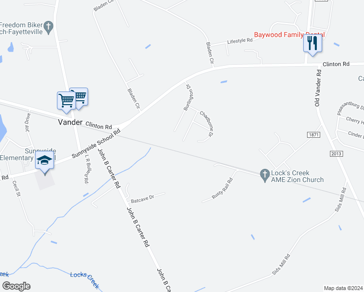 map of restaurants, bars, coffee shops, grocery stores, and more near 3802 Corapeake Drive in Fayetteville
