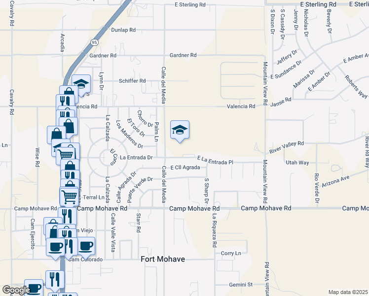 map of restaurants, bars, coffee shops, grocery stores, and more near 1797 East La Entrada Place in Fort Mohave