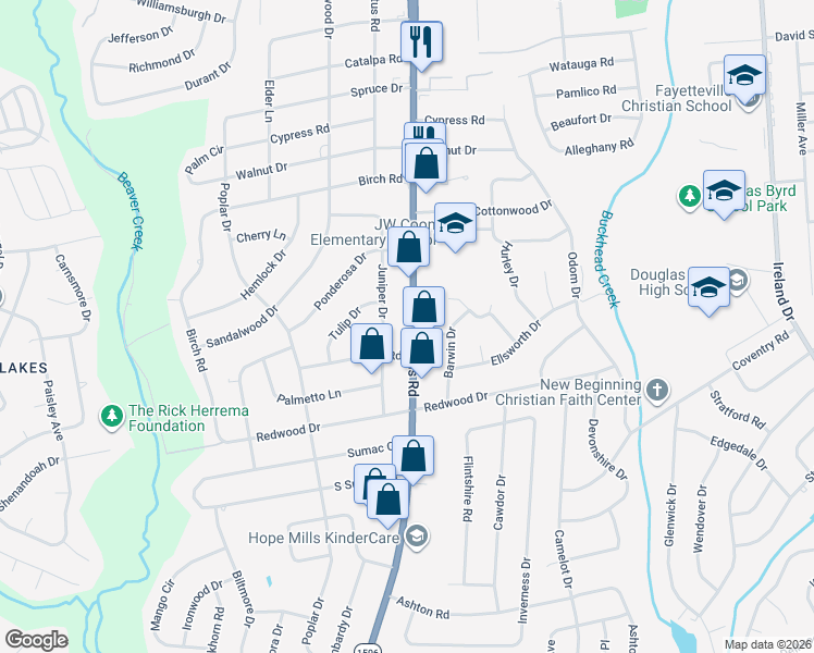 map of restaurants, bars, coffee shops, grocery stores, and more near 1000 Hope Mills Rd in Fayetteville