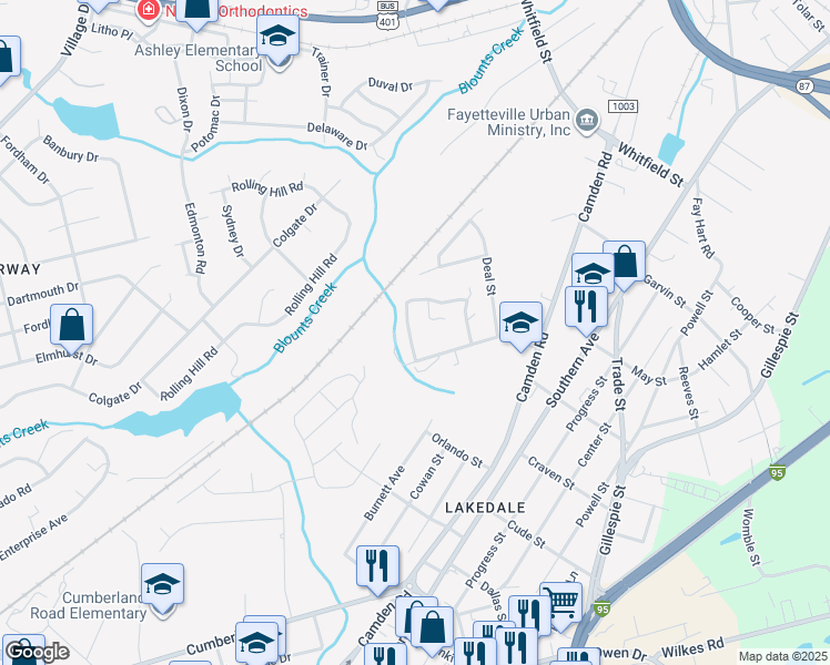 map of restaurants, bars, coffee shops, grocery stores, and more near 1617 Stonewood Drive in Fayetteville