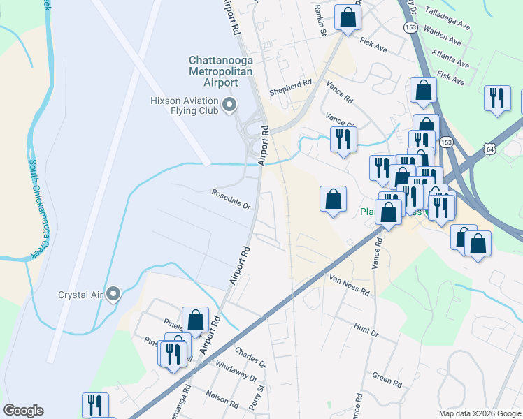 map of restaurants, bars, coffee shops, grocery stores, and more near 916 Airport Road in Chattanooga