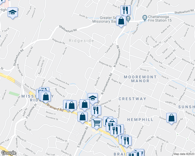 map of restaurants, bars, coffee shops, grocery stores, and more near 312 Tunnel Boulevard in Chattanooga