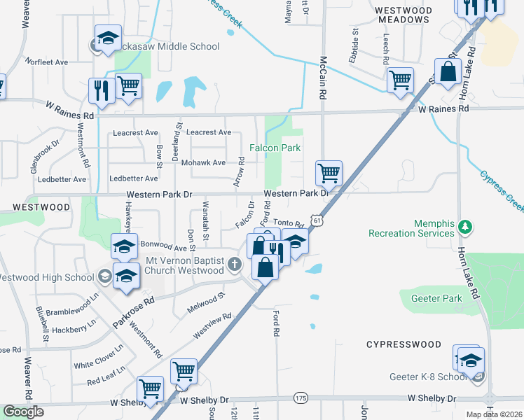 map of restaurants, bars, coffee shops, grocery stores, and more near 551 Western Park Drive in Memphis