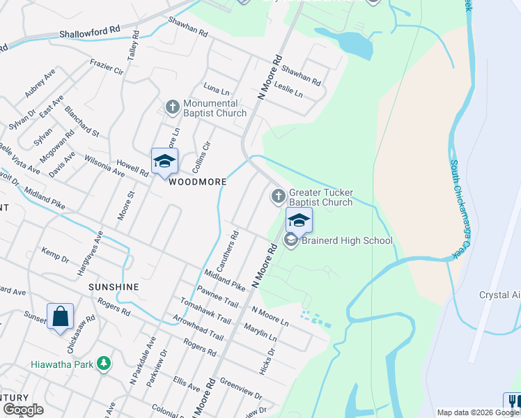 map of restaurants, bars, coffee shops, grocery stores, and more near 1111 Vannoy Drive in Chattanooga