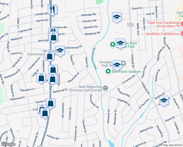 map of restaurants, bars, coffee shops, grocery stores, and more near 1101 Odom Drive in Fayetteville