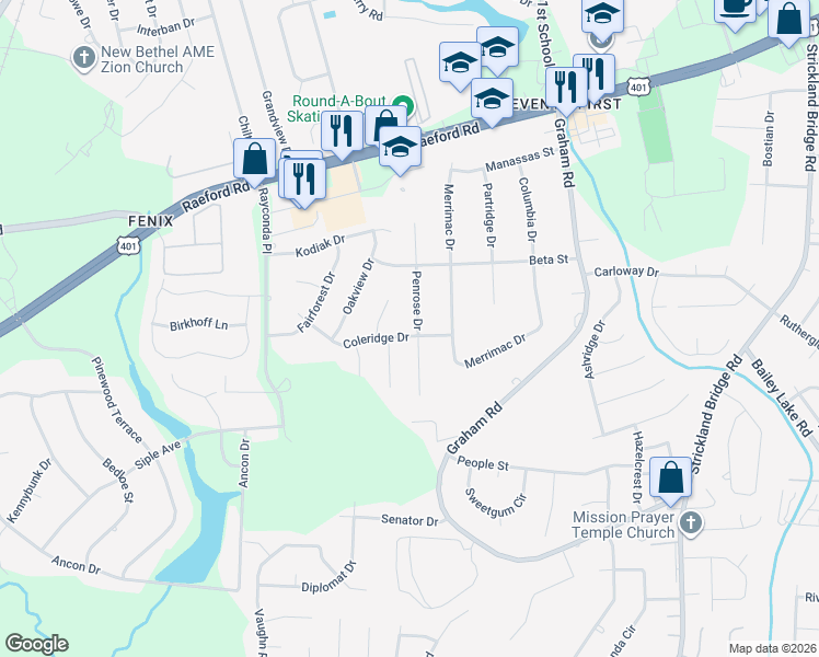 map of restaurants, bars, coffee shops, grocery stores, and more near 1991 Penrose Drive in Fayetteville