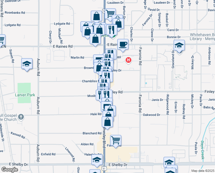 map of restaurants, bars, coffee shops, grocery stores, and more near 4290 Tennessee 3 in Memphis
