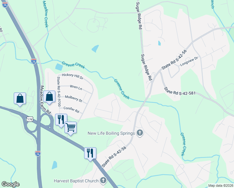 map of restaurants, bars, coffee shops, grocery stores, and more near 491 Old Furnace Road in Boiling Springs