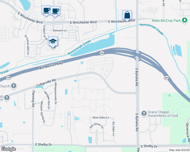 map of restaurants, bars, coffee shops, grocery stores, and more near 11132 Collierville Road in Collierville