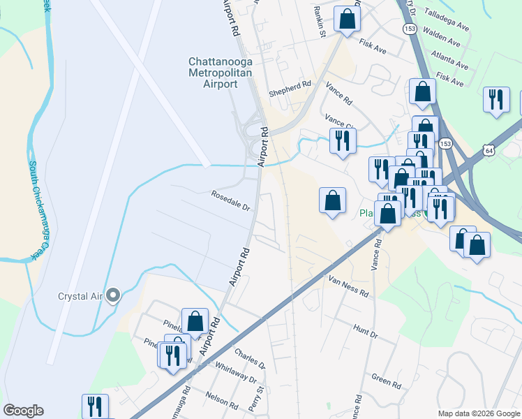 map of restaurants, bars, coffee shops, grocery stores, and more near 916 Airport Road in Chattanooga