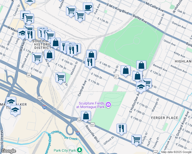 map of restaurants, bars, coffee shops, grocery stores, and more near 905 East 16th Street in Chattanooga