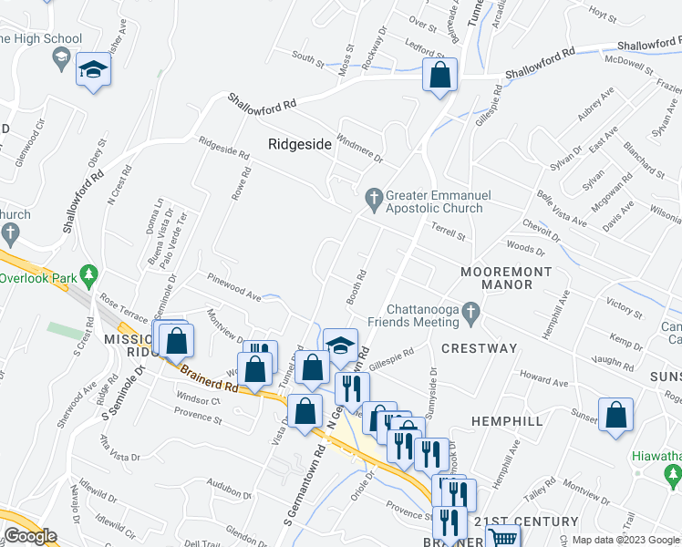map of restaurants, bars, coffee shops, grocery stores, and more near 304 Tunnel Boulevard in Chattanooga