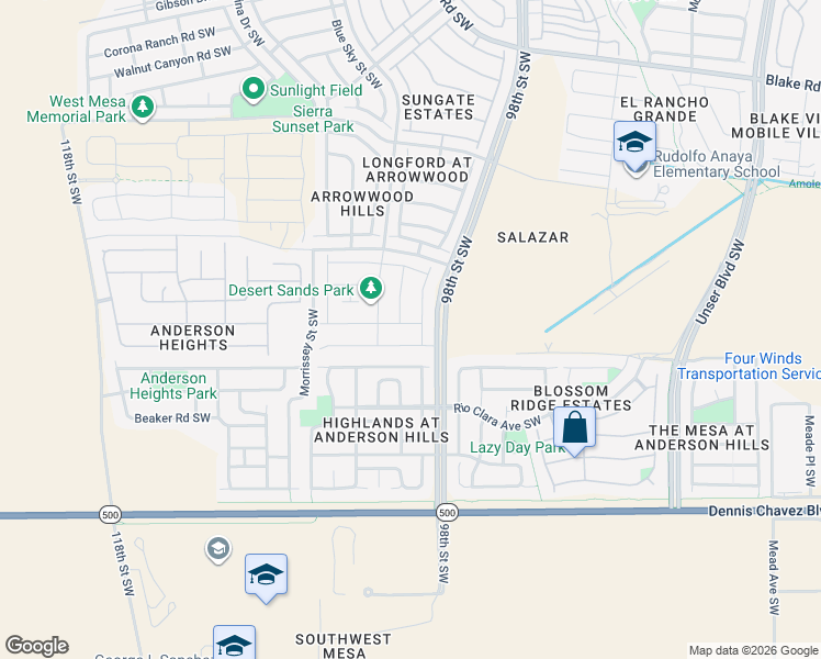 map of restaurants, bars, coffee shops, grocery stores, and more near 3012 Bosque De Oro Drive Southwest in Albuquerque