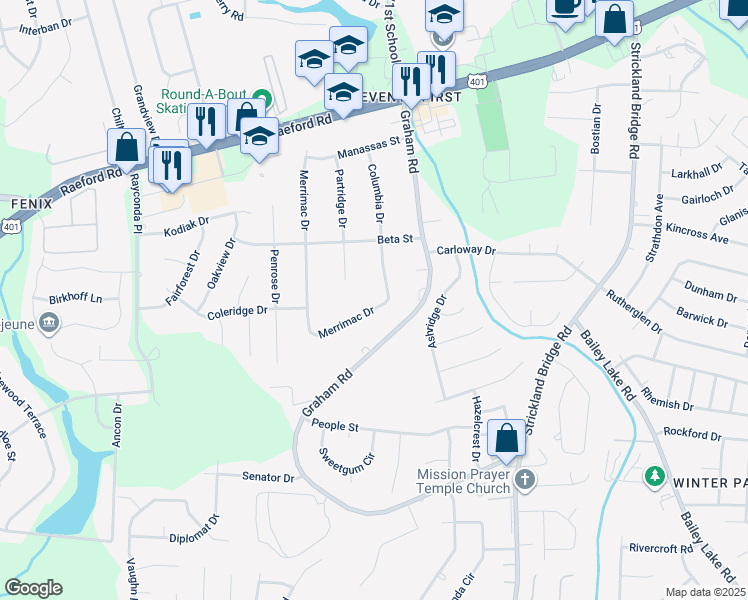 map of restaurants, bars, coffee shops, grocery stores, and more near 2021 Merrimac Drive in Fayetteville