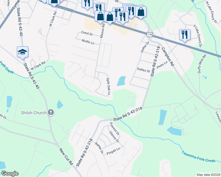 map of restaurants, bars, coffee shops, grocery stores, and more near 369 Split Oak Lane in Inman