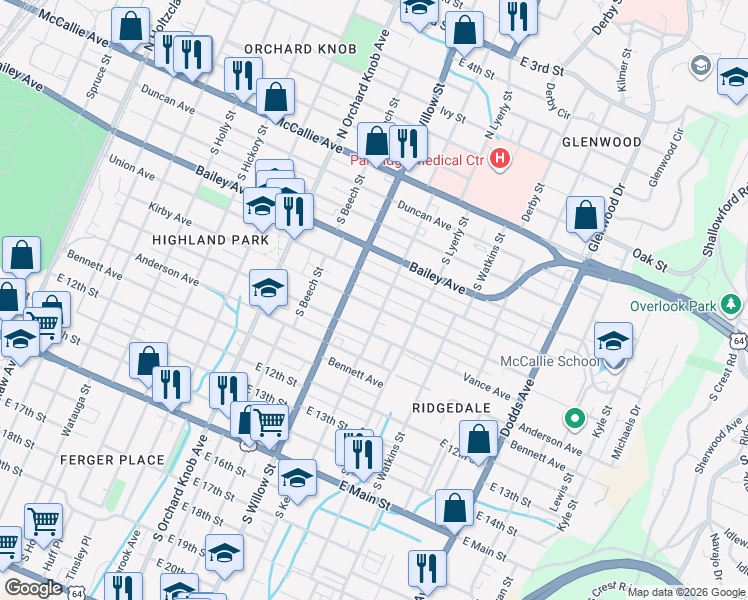 map of restaurants, bars, coffee shops, grocery stores, and more near 2113 Kirby Avenue in Chattanooga