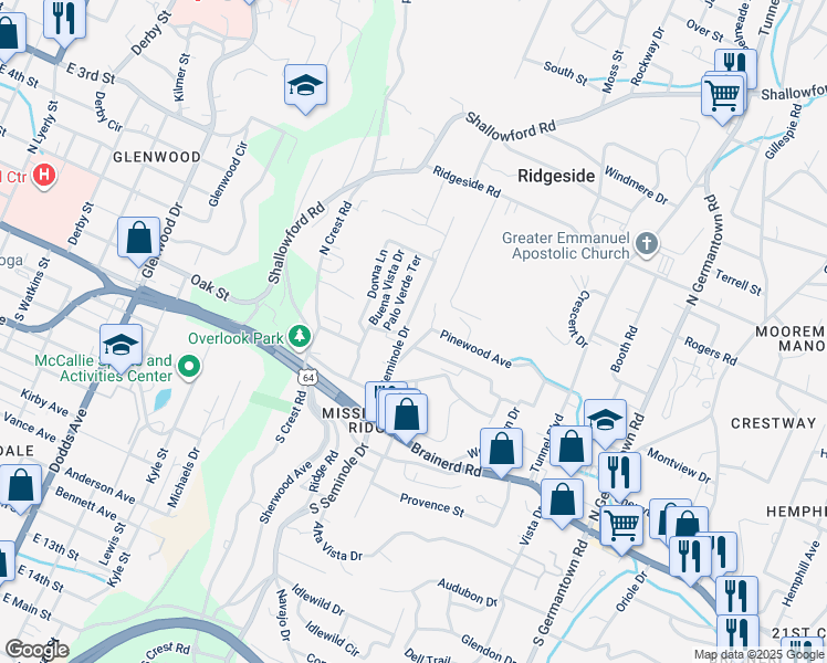 map of restaurants, bars, coffee shops, grocery stores, and more near 3301 Pinewood Avenue in Chattanooga