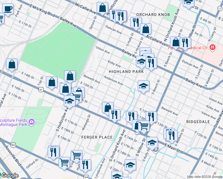 map of restaurants, bars, coffee shops, grocery stores, and more near 1515 Bennett Avenue in Chattanooga