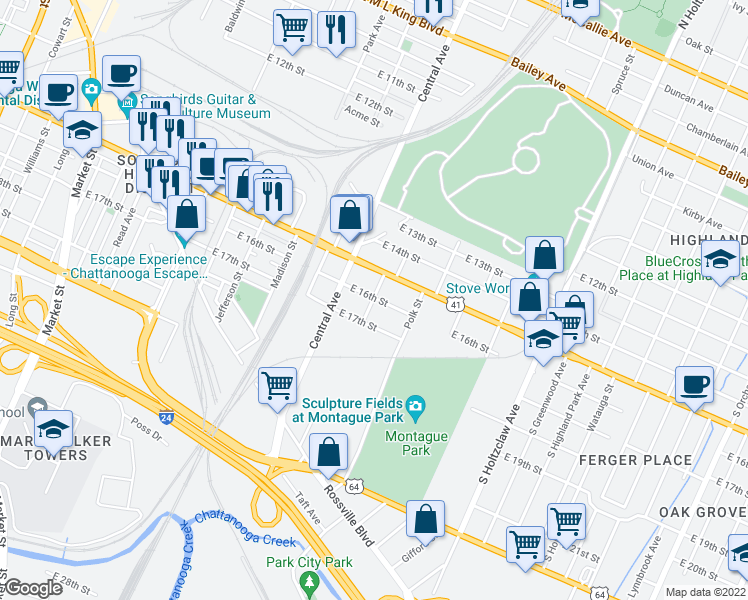 map of restaurants, bars, coffee shops, grocery stores, and more near 905 East 16th Street in Chattanooga
