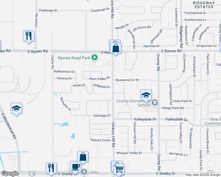map of restaurants, bars, coffee shops, grocery stores, and more near 4313 Hickory Hill Road in Memphis