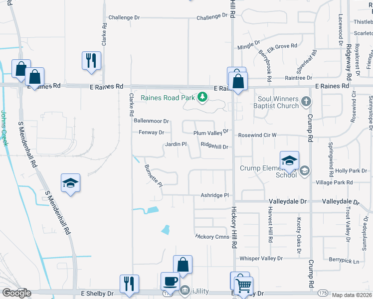 map of restaurants, bars, coffee shops, grocery stores, and more near 5764 Jardin Place in Memphis