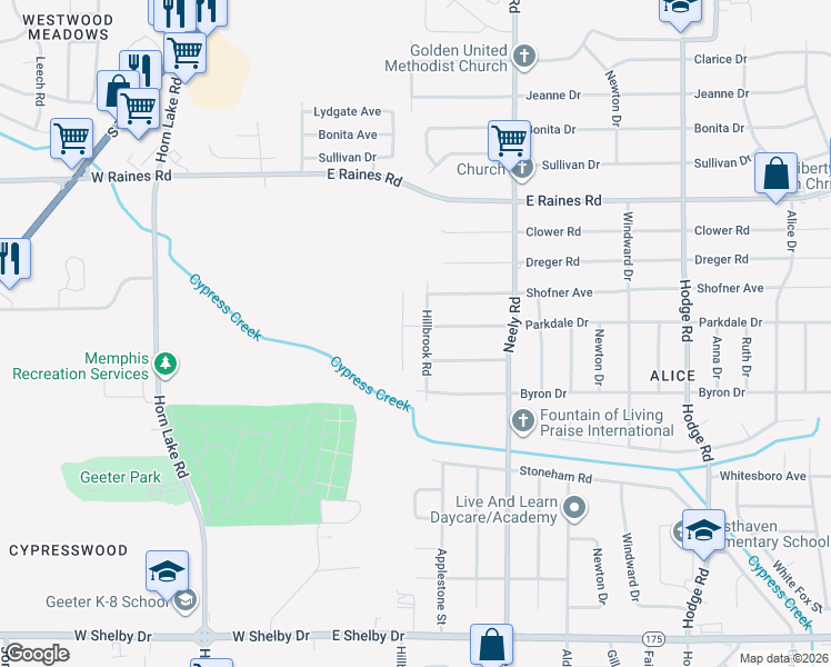 map of restaurants, bars, coffee shops, grocery stores, and more near 4311 Hillbrook Road in Memphis